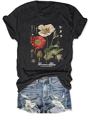 Memorial Day Vintage Poppy T-Shirt for Women Poppy Flower Language Crew Neck Short Sleeve Summer ... | Amazon (US)