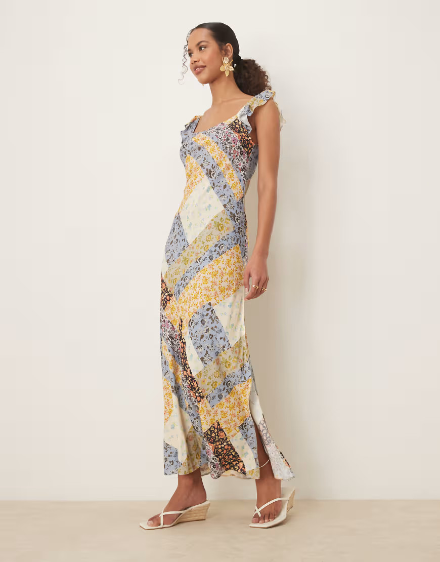 ASOS DESIGN frill sleeve maxi dress in patchwork print-Multi | ASOS (Global)