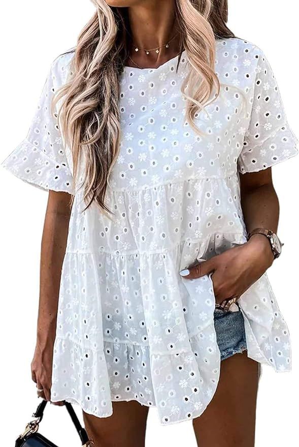 Pink Wind Women's Summer Short Sleeve Crochet Tops Crewneck Babydoll Ruffle Tunic Blouse Shirts | Amazon (US)