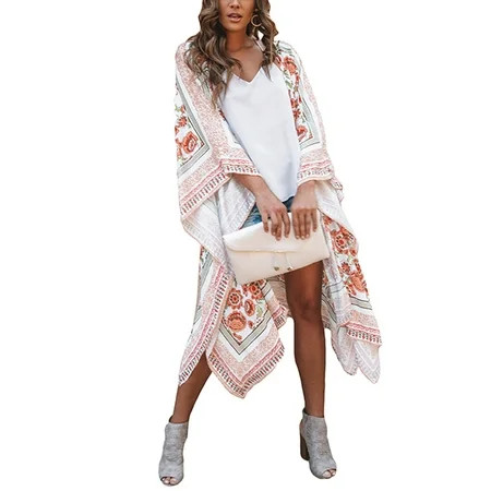 Plus Size Women Floral Print Long Cardigans Casual Beach Chiffon Bikini Cover Up Open Front Tops Kim | Walmart (US)