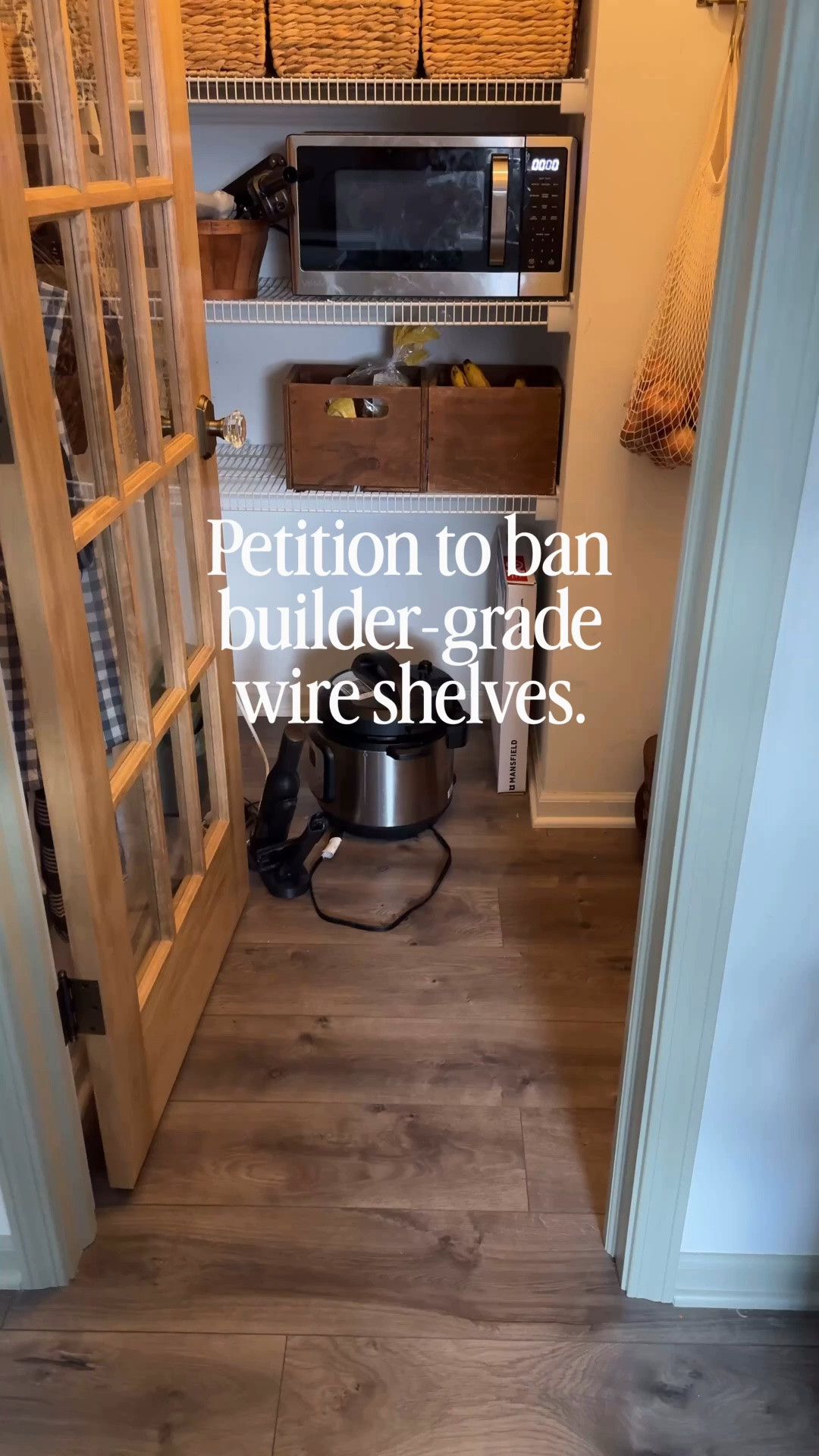 From builder-grade wire shelves to a pantry with character. We added cabinetry,  butcher block, custom shelves, shiplap, and a peg rail, all painted Sherwin-Williams Eclipse. This project was two years ago, so I’ve linked the current versions of the products I used!