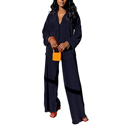 kaimimei Women 2Pcs Casual Outfits Set Button Down Long Sleeve Shirt High Waist Pleated Pants Sets Streetwear Loungewear | Amazon (US)