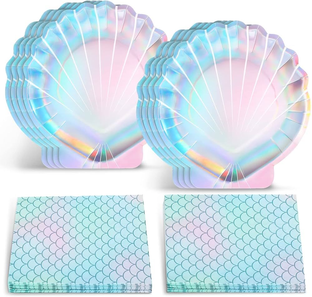 40 Pcs Mermaid Party Supplies Set, 20 Clam Shell Plates and 20 Mermaid Scales Napkins Mermaid Par... | Amazon (US)