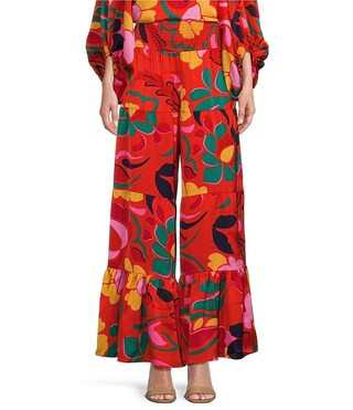 Sugarlips Satin Tropical Abstract Print Smocked High Waisted Wide Leg Coordinating Pull-On Pants ... | Dillard's