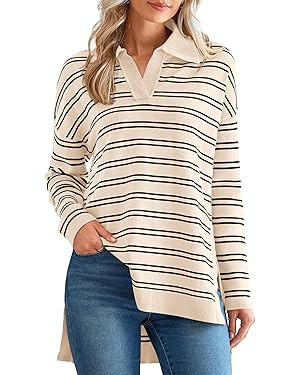 MASCOMODA Womens Sweaters Fall 2025 Oversized Striped Sweater Long Sleeve Polo V Neck Loose Side ... | Amazon (US)
