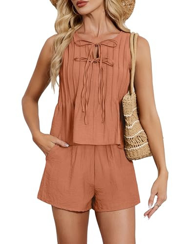 Blooming Jelly Womens Two Piece Sets Pleated Vacation Outfits Resort Wear Beach Linen Set Cruise Summer Matching Set 2025(Burnt Orange，S | Amazon (US)