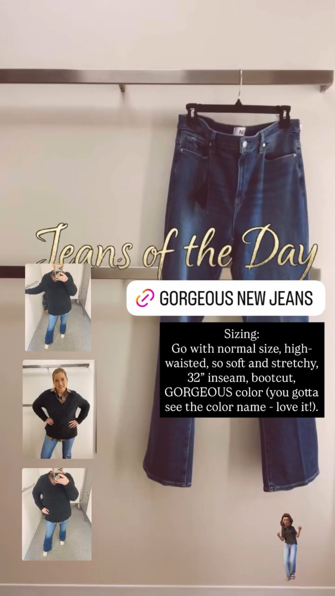 Sizing:
Go with normal size, high-waisted, so soft and stretchy, 32” inseam, bootcut, GORGEOUS color (you gotta see the color name - love it!).