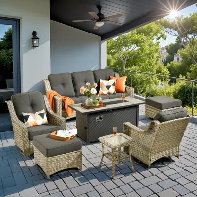 7 Pieces Patio Furniture Set With 54" Fire Pit Table, Outdoor Wicker Swivel Rocking Chairs With Comfy Cushions, All-weather High Back Sofa Couch Set F | Wayfair North America