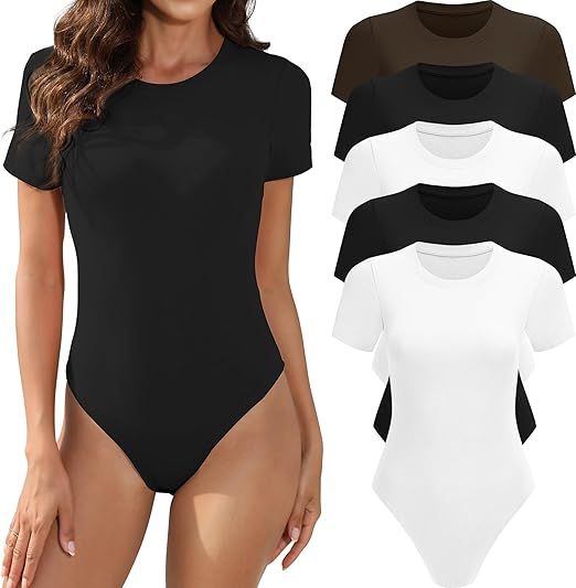 5 Pack Body Suits for Womens Short Sleeve Round Neck Casual Stretchy Basic T Shirt Bodysuit Tops | Amazon (US)