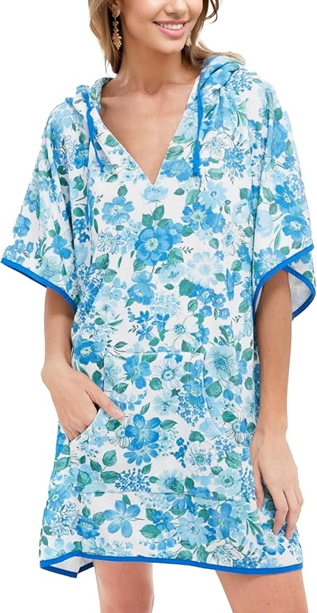 Women's Summer Terry Cloth Beach Swimsuit Cover Up Hooded V Neck Swimwear Dress Resort Wear with ... | Amazon (US)