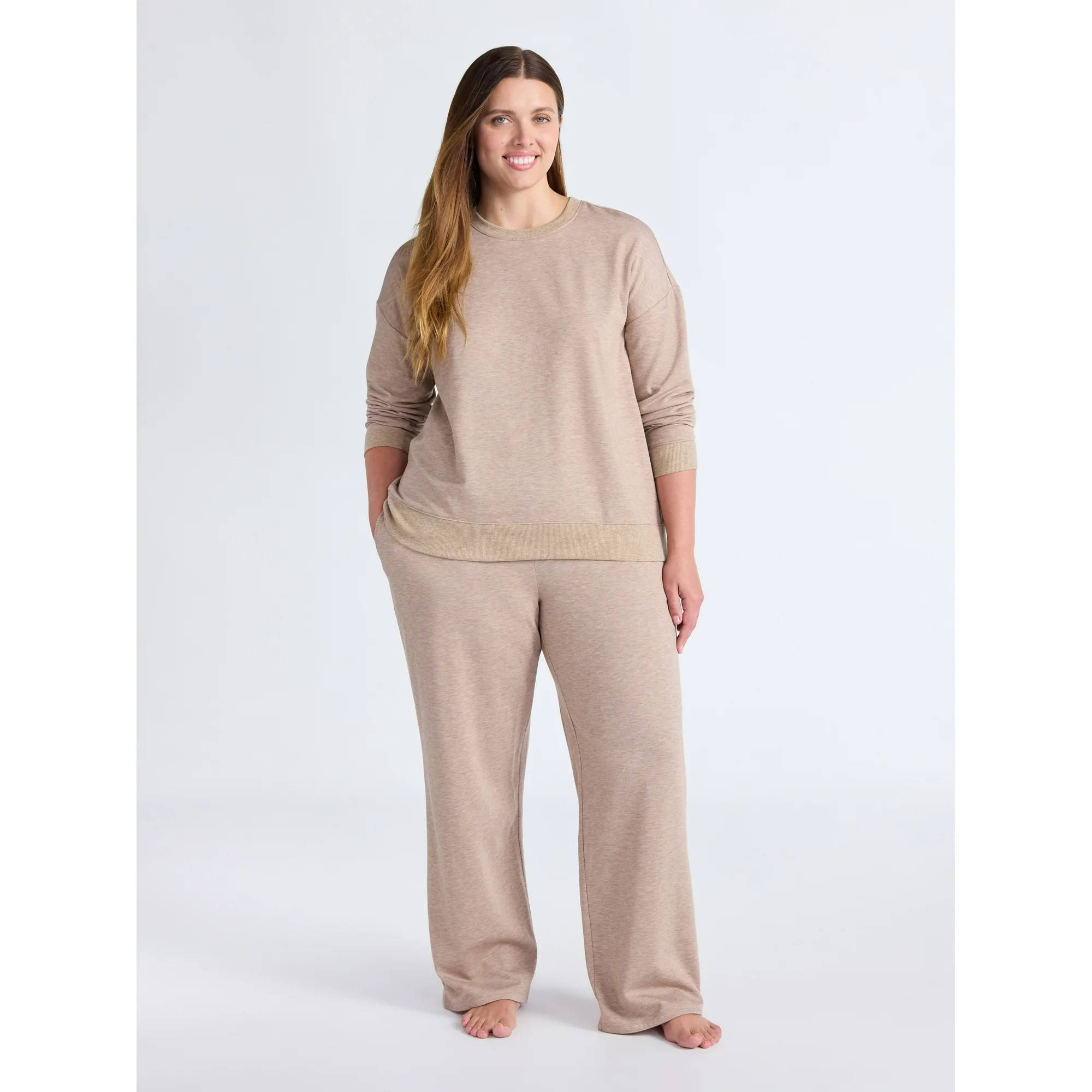 Joyspun Women's Fleece Long Sleeve Top and Straight Leg Pants Lounge Set, 2-Piece, Sizes XS-3X | Walmart (US)