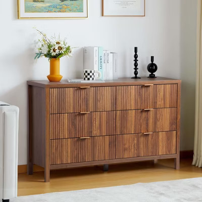 Fluted 6 Drawer Double Dresser ,Wide Modern Closet Dressers Chest of Drawers, Wood Storage Dresser Organizer Oak color | Target