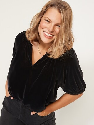 Elbow-Sleeve Split-Neck Velvet Swing Blouse for Women | Old Navy (US)
