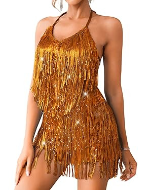 Kaei&Shi Sequin Fringe Romper,Sparkly Glitter Metallic Jumpsuits For Women,Backless Shorts Dress ... | Amazon (US)