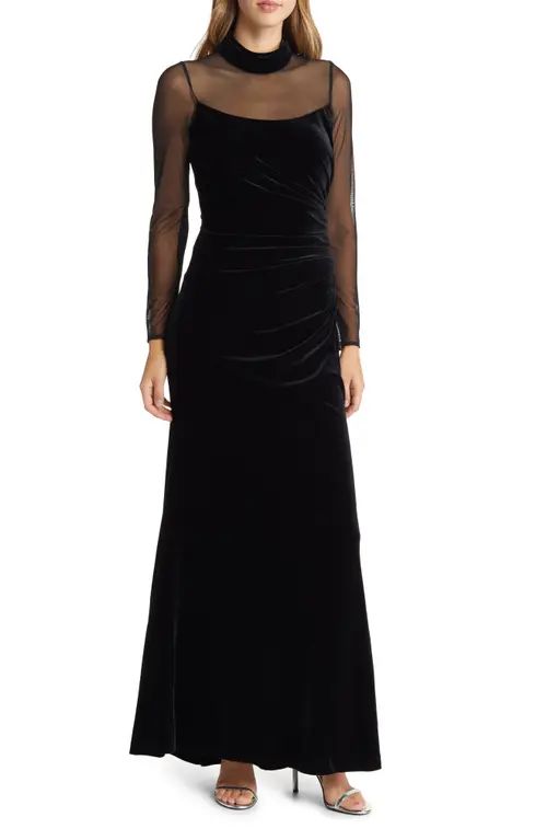 Eliza J Mock Neck Long Sleeve Mixed Media Velvet Gown in Black at Nordstrom, Size 8 | Nordstrom