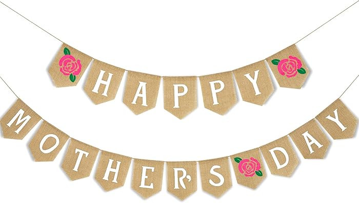 Whaline Happy Mother's Day Banner Rose Mothers Day Burlap Hanging Banner Garland Rustic Party Dec... | Amazon (US)
