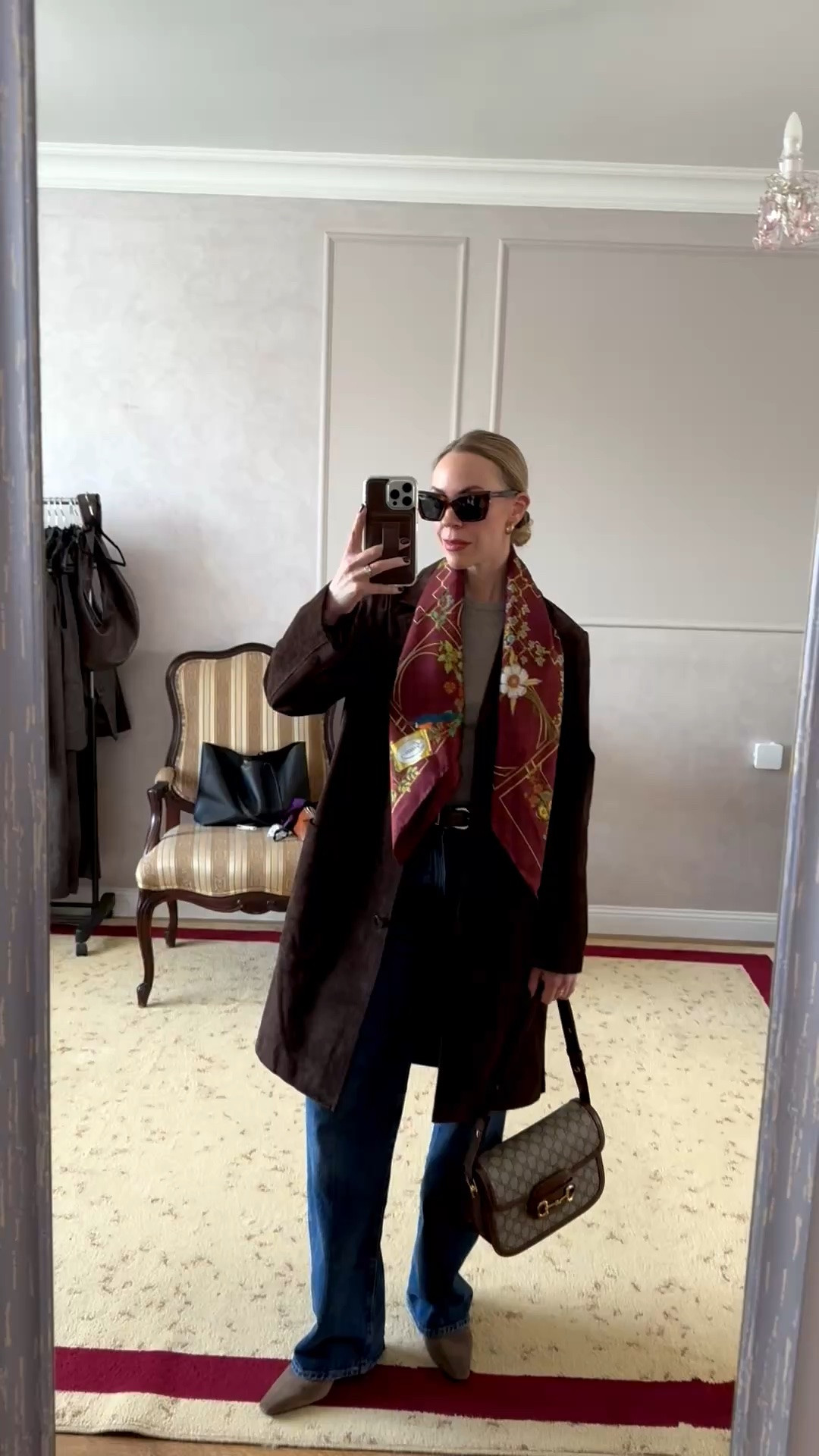 Jeans are on sale now at @Shopbop 

Chic fall outfit with dark brown suede coat, burgundy silk scarf, AGOLDE dark wash jeans, Gucci bag

#LTKSaleAlert #LTKOver40 #LTKSeasonal