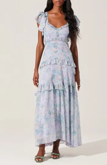 ASTR the Label Mable Floral Tiered Cutout Chiffon Dress in Llc Grn Fl at Nordstrom Rack, Size Medium | Nordstrom Rack