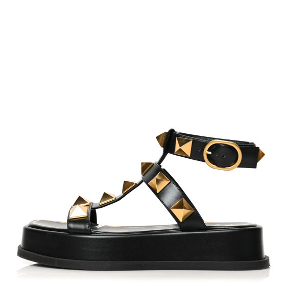 VALENTINO GARAVANI Calfskin Roman Stud Platform Sandals 37.5 Black | FASHIONPHILE (US)