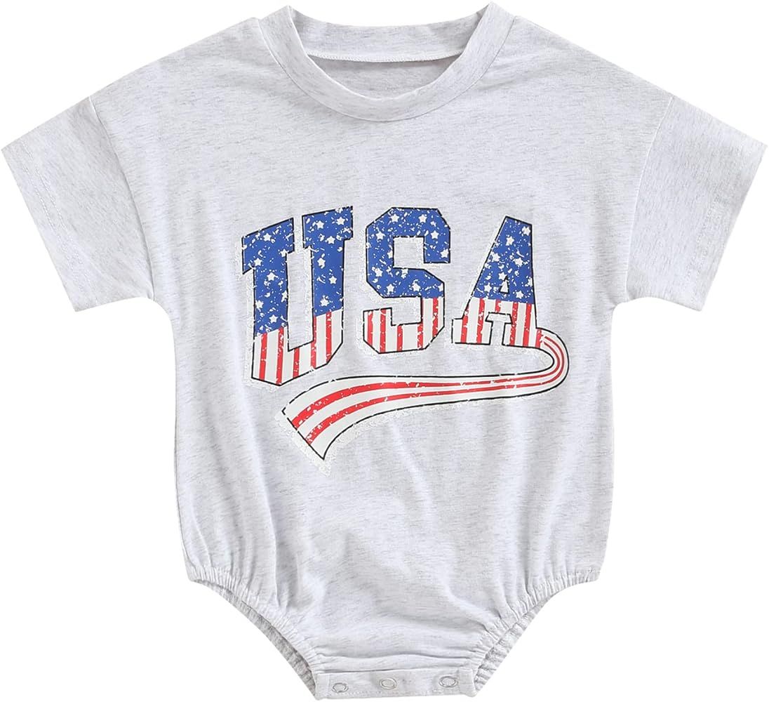 Newborn Baby Girl Boy 4th of July Outfits Short Sleeve USA Romper Oversized Bodysuit Independence Da | Amazon (US)