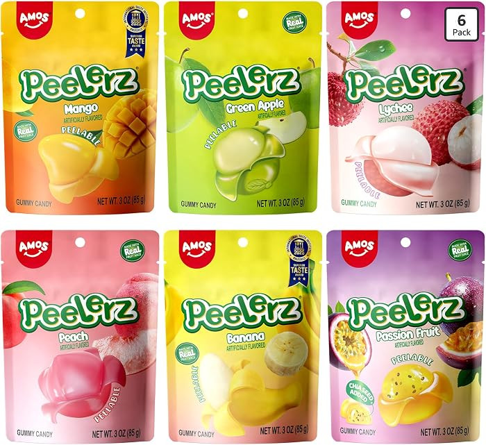 AMOS Peelerz Peelable Gummy Candy Variety Pack, Mango White Peach Banana Green Apple Passion Frui... | Amazon (US)
