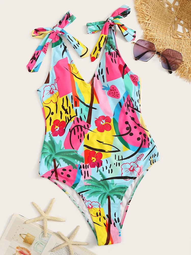 EMERY ROSE Graphic Random Print Tie Shoulder One Piece Swimsuit | SHEIN