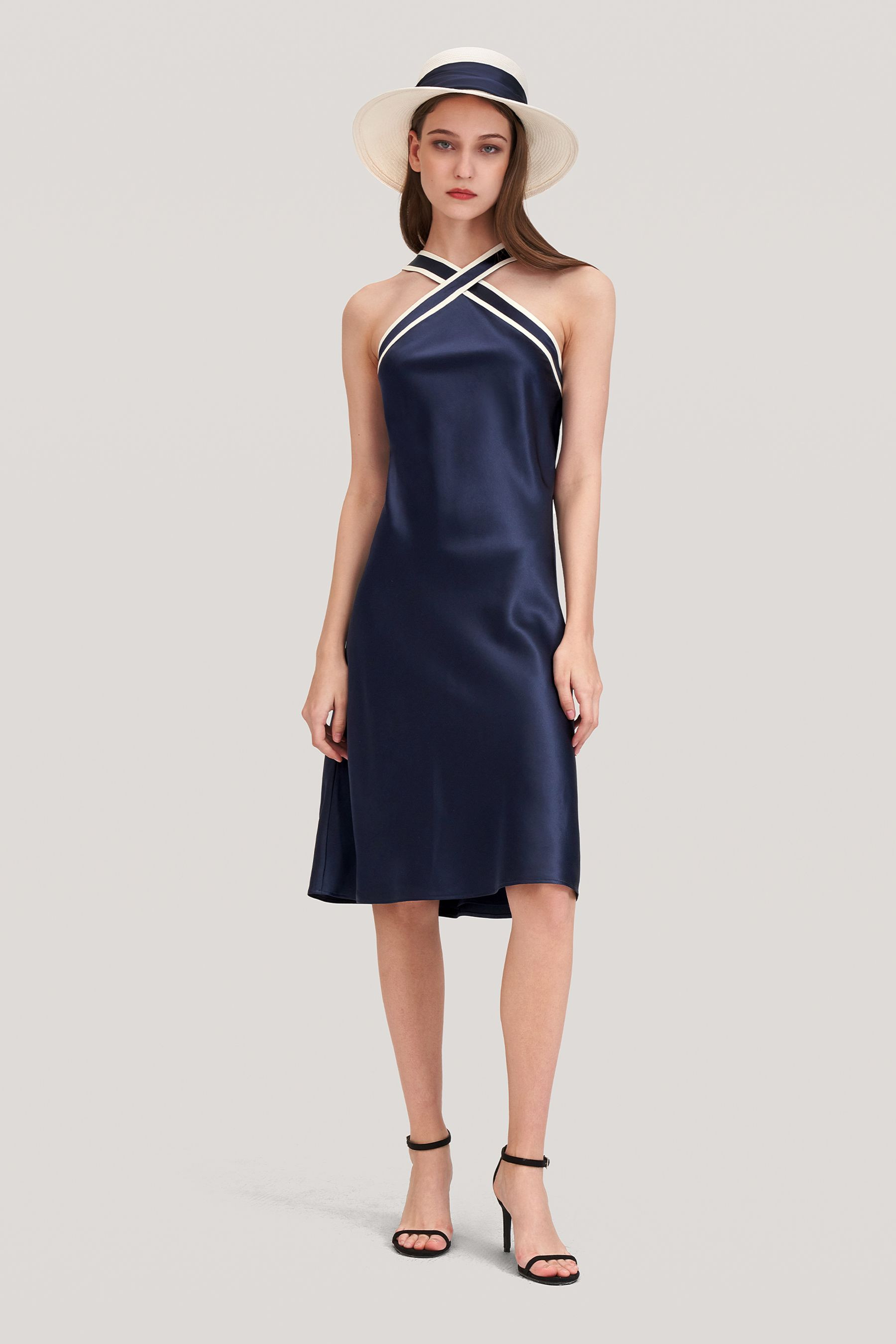 Glossy Camellia Silk Halter-Neck Dress | LilySilk