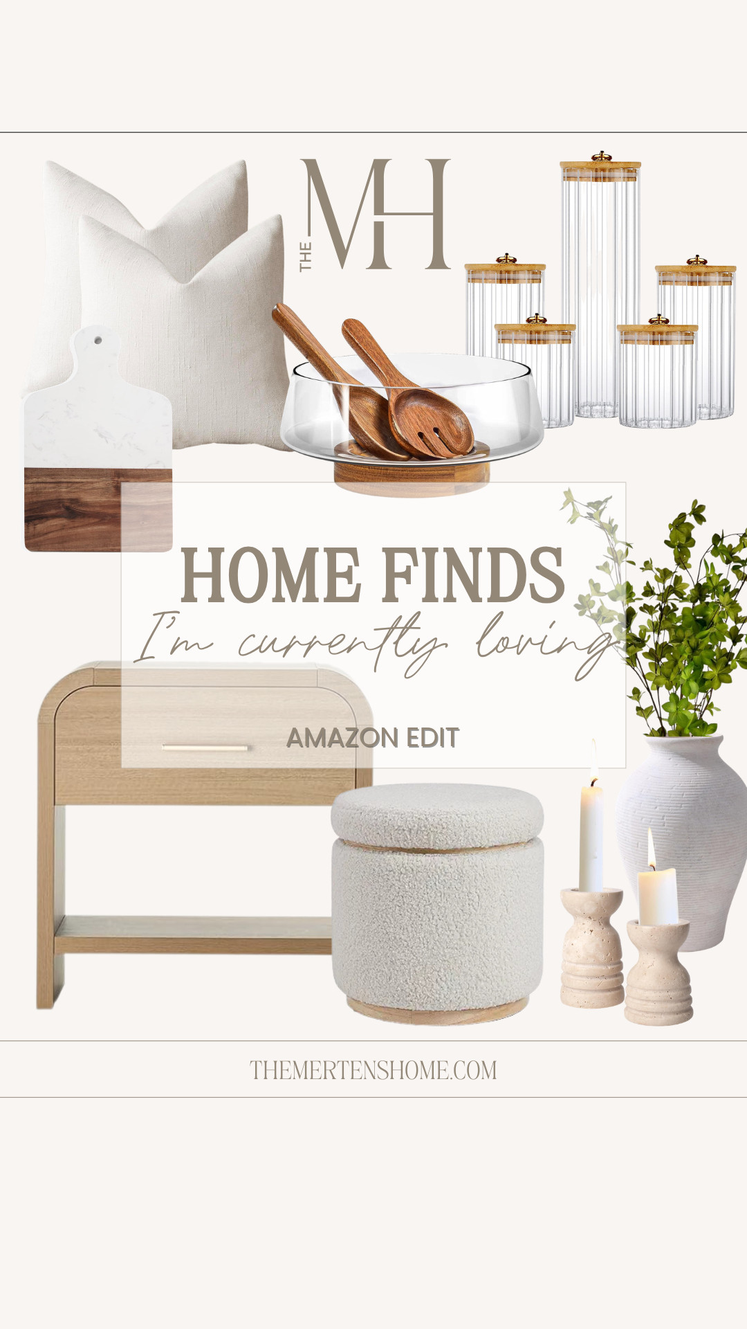 Home finds I’m loving 🤍 Neutral, everyday useful pieces that make life feel easier and prettier, from soft neutral pillows and glass storage jars to a marble and wood serving tray, a beautiful nightstand, a storage ottoman, and decor that ties it all together. 

 #LTKHome