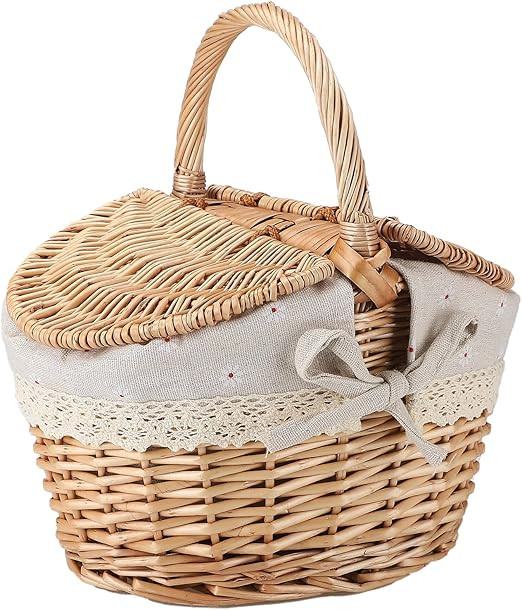 JFBUCF Willow Basket Picnic Basket, Traditional Picnic Hamper with Handle and Double Lids Small H... | Amazon (US)
