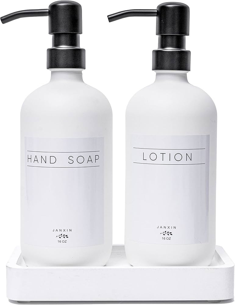 Janxin Glass Soap Dispenser for Kitchen with Stainless Steel Pump and Wood Tray, Modern Bathroom ... | Amazon (US)