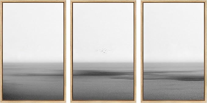 SIGNWIN 3 Piece Framed Canvas Wall Art Black and White Serene Ocean View Nature Wilderness Illust... | Amazon (US)