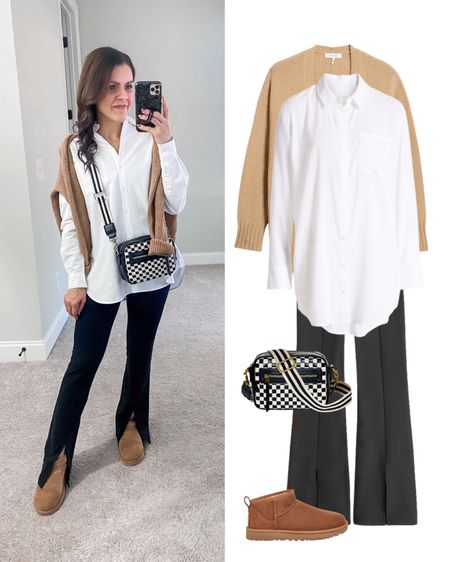 November outfit idea | casual style: white button up, camel sweater cardigan, split flare legging, ultra mini Ugg, check camera crossbody 

#LTKstyletip