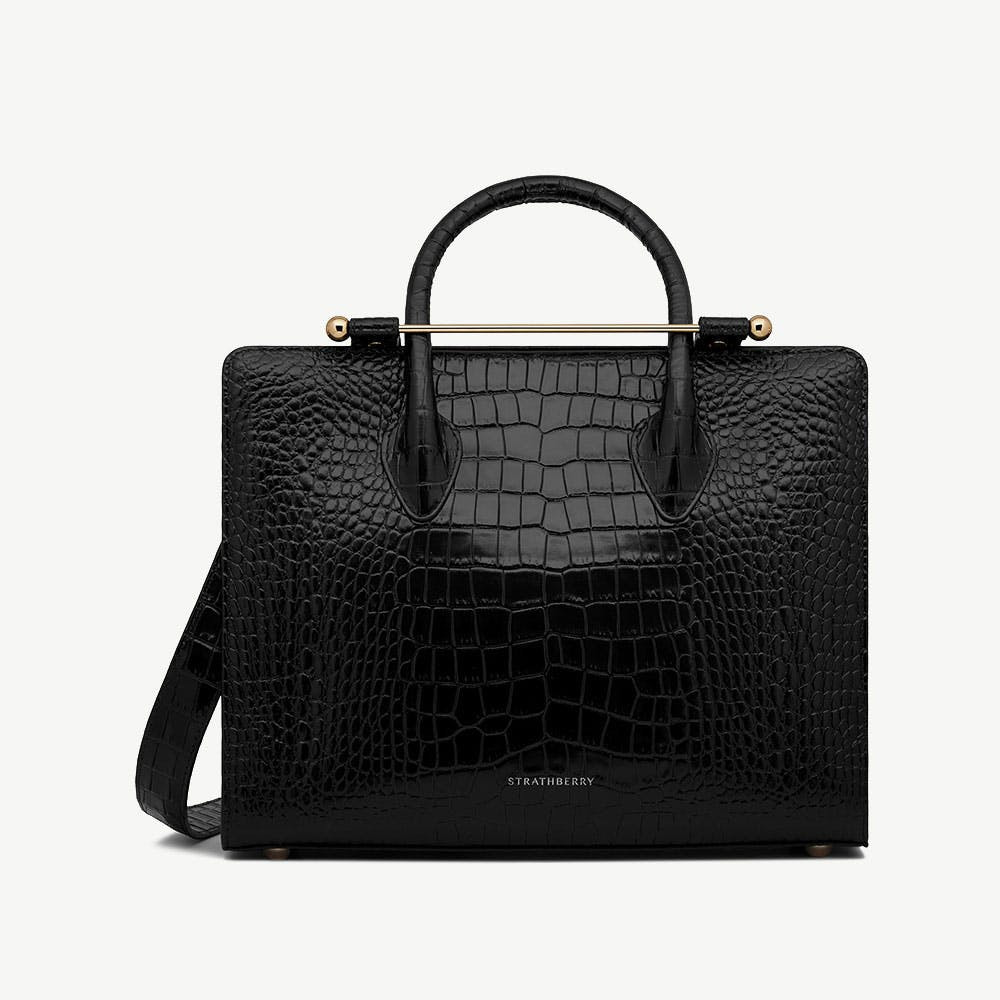 Midi Tote - Croc-Embossed Leather Black | Strathberry