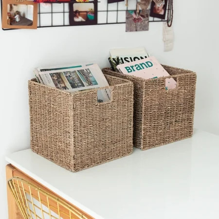StorageWorks Natural Seagrass Storage Basket, Wicker Woven Storage Baskets with Liners, 2-Pack, Medium, 10.2"x10.2"x10.6 | Walmart (US)