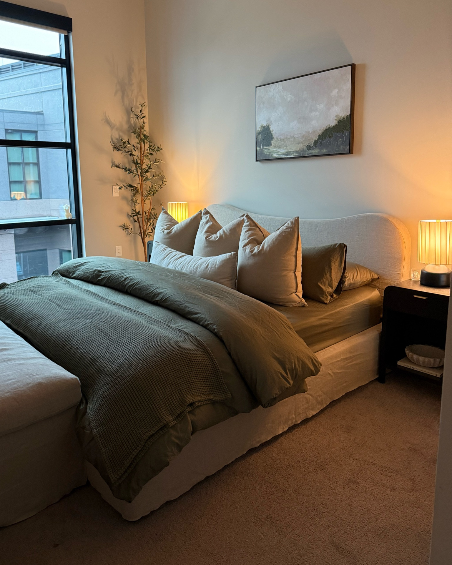 Brooklinen fresh moss bedding + Amazon decorative pillows 