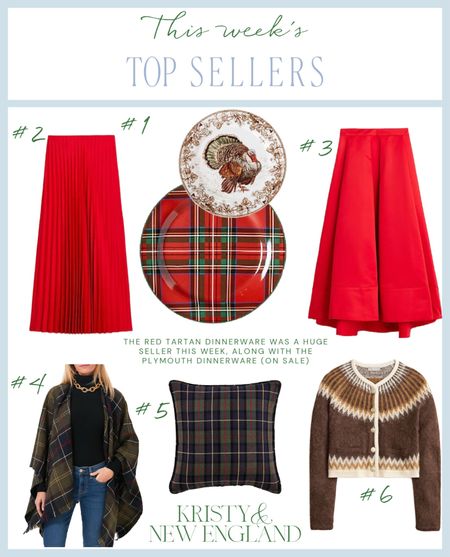 This week’s top sellers:  red tartan dinnerware and Plymouth dinnerware, red skirt, red midi skirt, Barbour tartan serape, tartan pillows, winter cardigan 