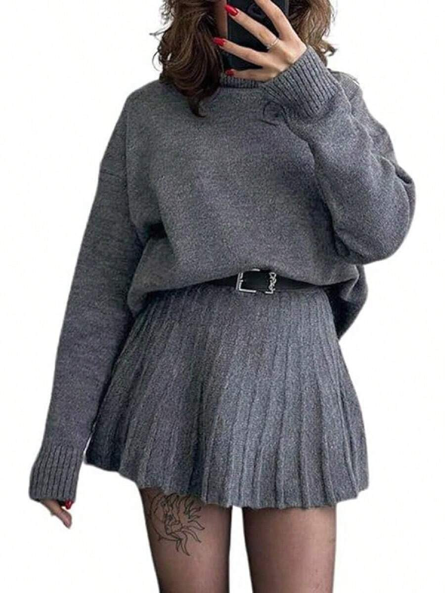 2026 Women's Lounge Matching Set  2 Piece Sweater Skirt Set Turtleneck Pullover Top Mini Pleated ... | SHEIN