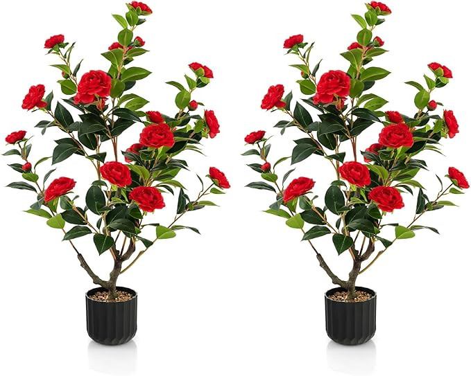 Goplus 38’’ Artificial Camellia Tree, 2 Pack Flower Plants Artificial Tree, Faux Floral Plant... | Amazon (US)