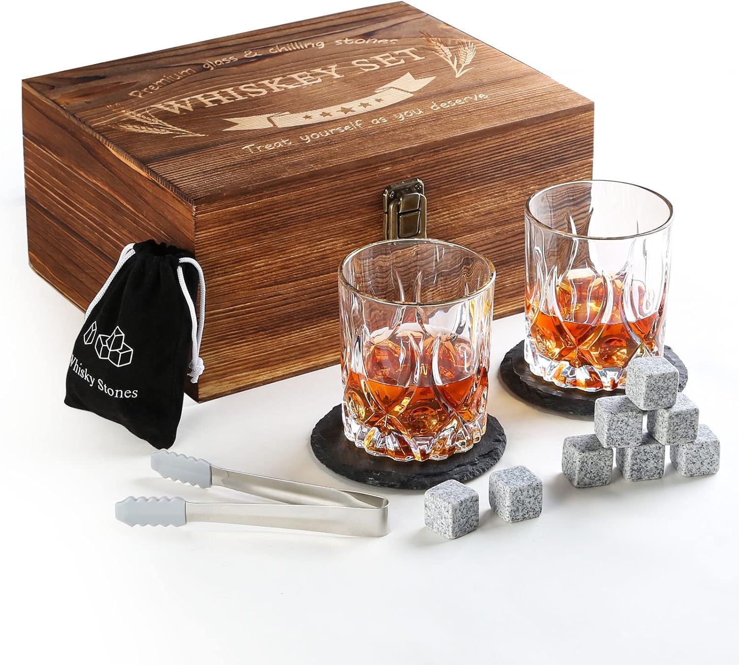 Whiskey Gifts for Men, 10oz Whiskey Glasses Set of 2 with Unique Wooden Box 8 Chilling Whiskey St... | Amazon (US)