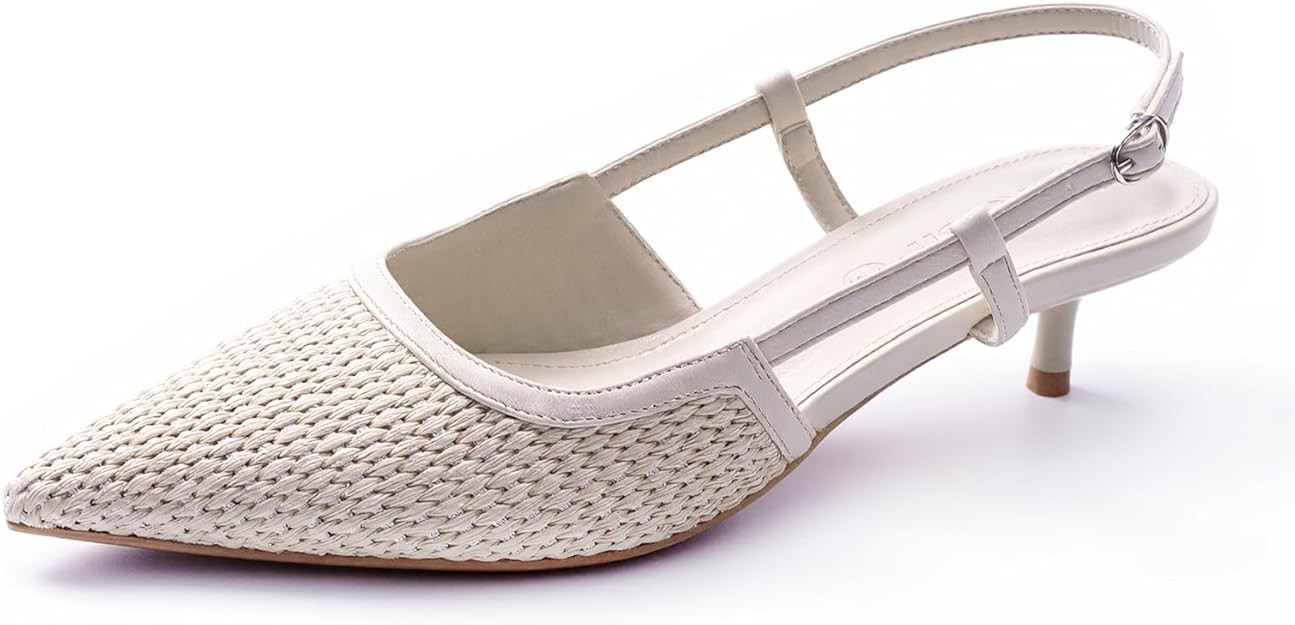 Women's Woven Slingback Heels Pointed Toe Kitten Low Heel Pumps Straw Mesh Elegant Dress Shoes wi... | Amazon (US)