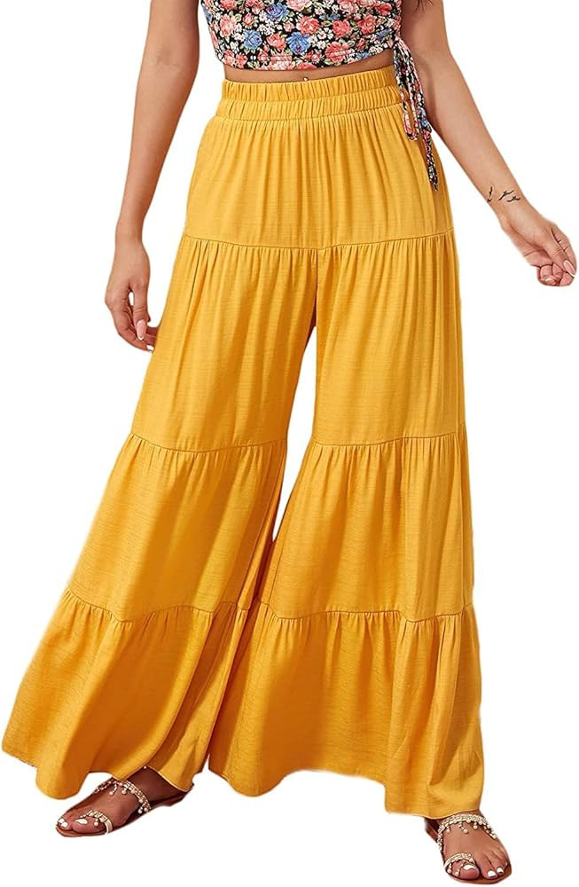 Floerns Women's Boho Elastic High Waisted Ruffle Hem Wide Leg Palazzo Pants | Amazon (US)