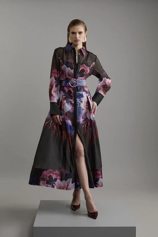 Organdie Printed Long Sleeve Shirt Midaxi Dress | Karen Millen US