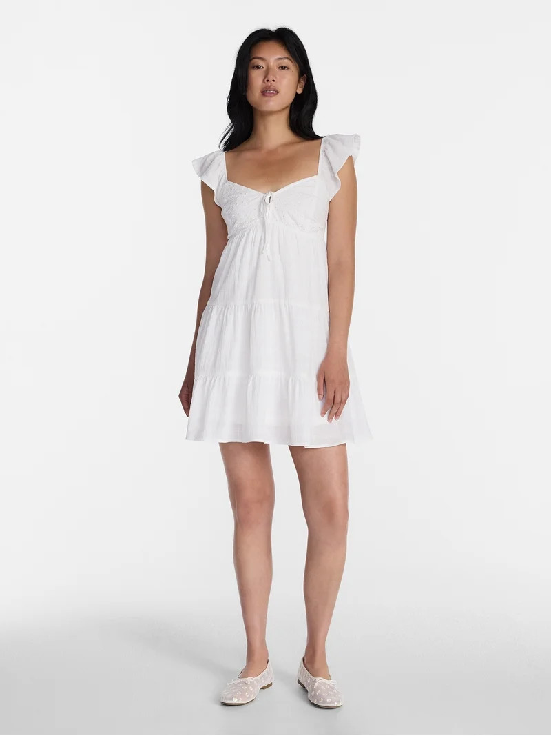 No Boundaries Tiered Cotton Dress with Flutter Sleeves, Women\u2019s XXS-XXL - Walmart.com | Walmart (US)