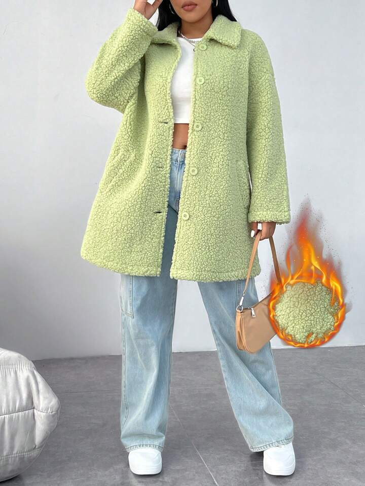 SHEIN EZwear Plus Size Teddy Coat With Front Button Closure And Drop Shoulder Design | SHEIN