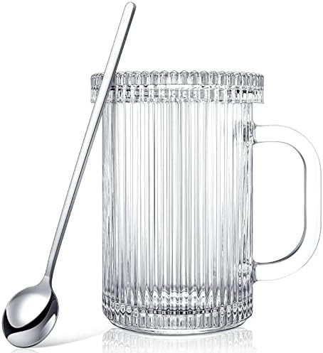 14 oz Clear Glass Mug with Lid and Spoon Classical Vertical Stripes Tea Mugs Ribbed Iced Coffee C... | Amazon (US)