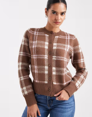 ASOS DESIGN neat fit check cardigan in chocolate | ASOS (Global)