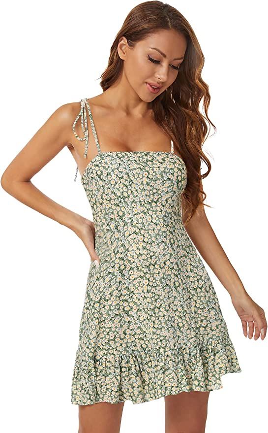 SheIn Women's Summer Floral Ruffle Mini Dress Sleeveless Tie Shoulder A Line Flare Short Dresses ... | Amazon (US)