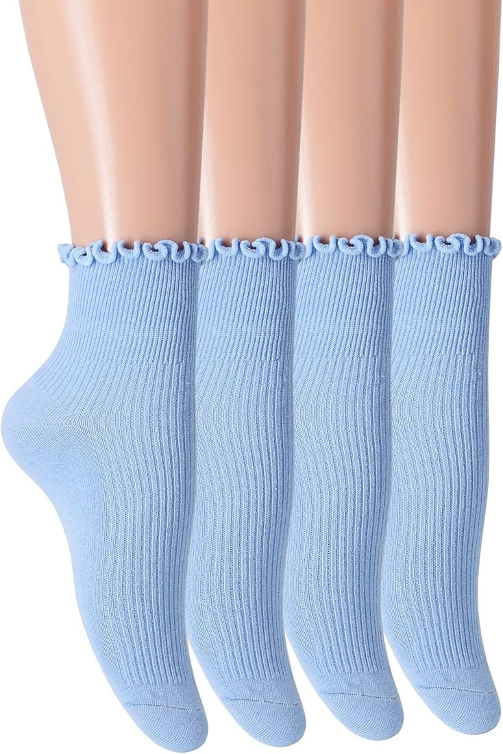 SRYL Women Ankle Socks Ruffle Turn-Cuff,Lovely double needle solid color edge relent Girl socks | Amazon (US)