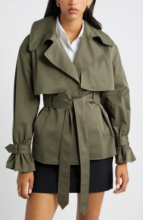 Open Edit Exaggerated Crop Trench Coat in Olive Sarma at Nordstrom, Size Small | Nordstrom