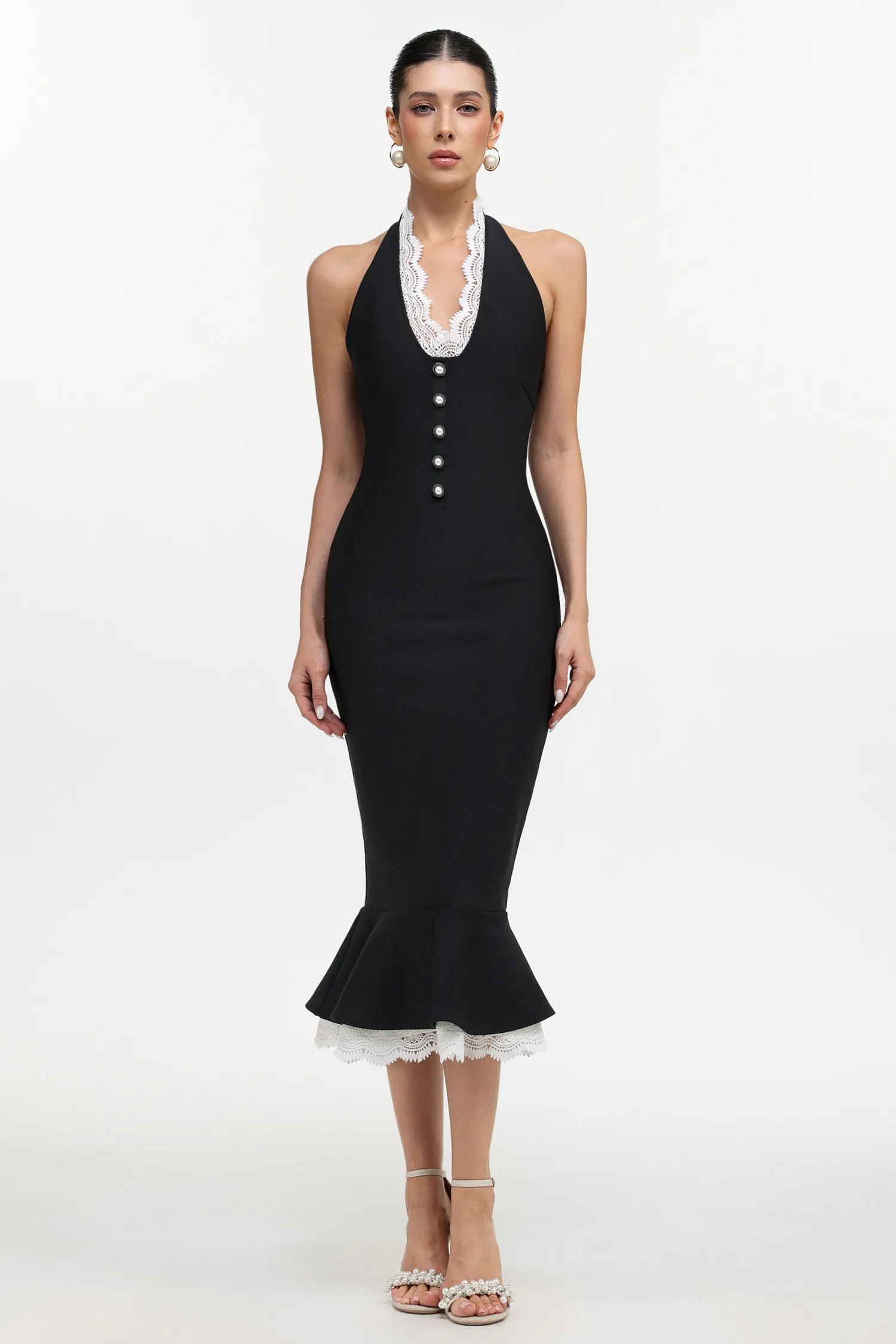 Miranda Romantic Contour Halter Button Front Lace Trim Bandage Midi Dress | Bellabarnett Affiliate Marketing